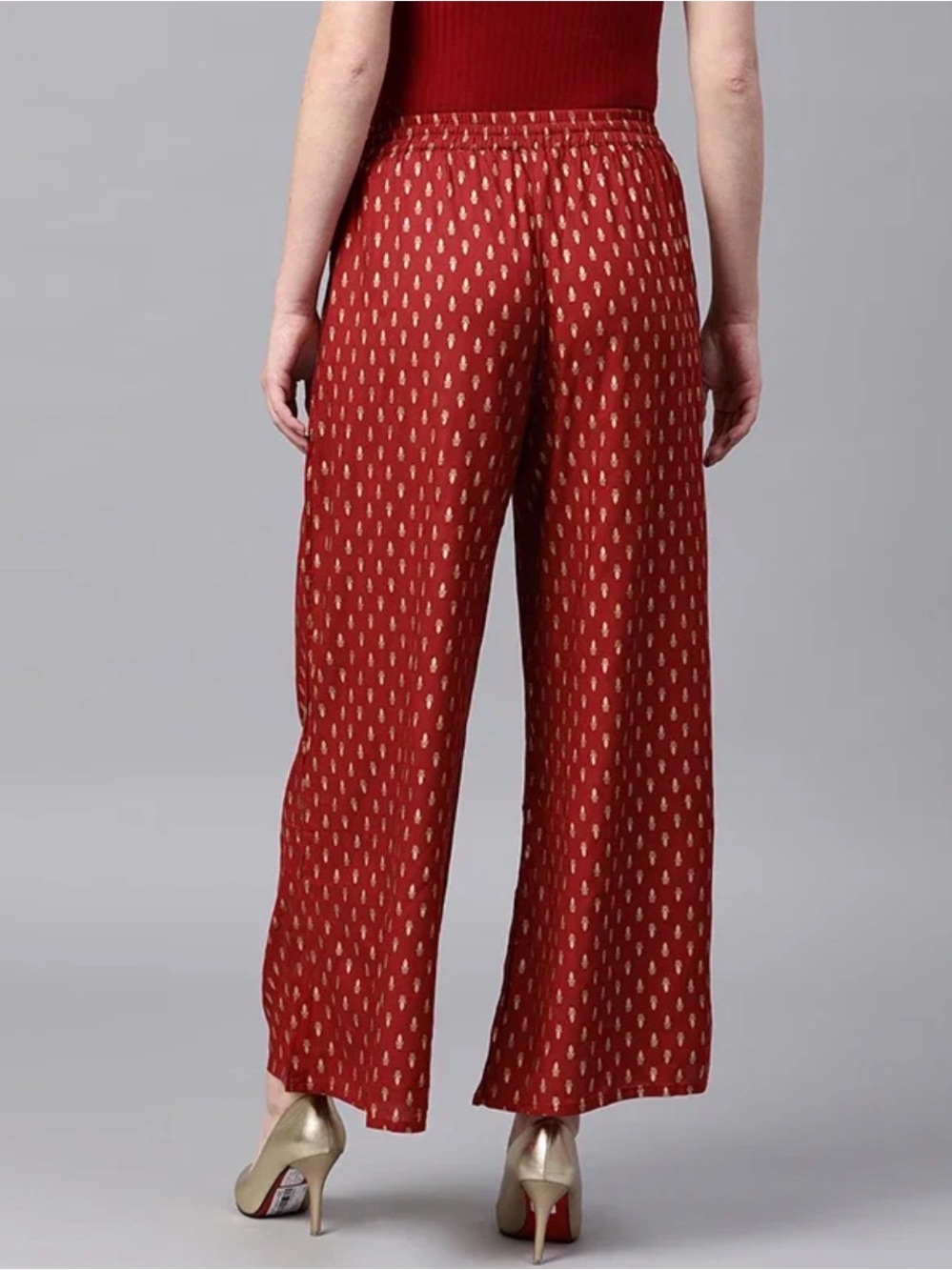 Zara Red Wide-Leg Printed Pants with Gold Motif